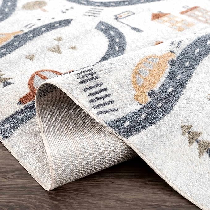 Hauteloom Road Mave Runner Rug for Kids, Toddler Room, Nursery, Playroom, Classroom - Machine Washable - Cream, Red, Blue, Gray - 2'7" x 10' Runner