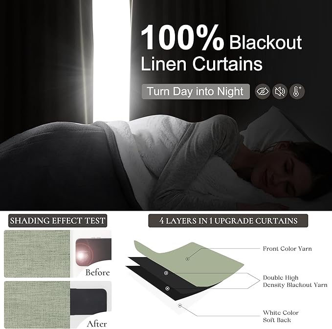 Sage Green Blackout Linen Curtains 102 Inches Long for Living Room Bedroom, Pleated Window Track Curtain with Pin Hooks Belt Boho Light Green Drapes Thermal Insulated (50"Wx102"Lx2Panels) Back Tab