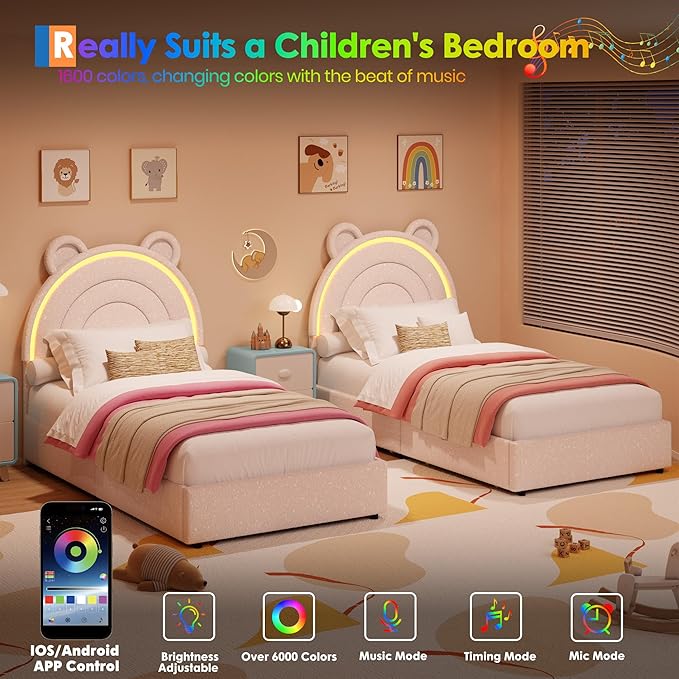 Garvee Princess Twin Size Bed Frame with 2 Storage Drawers & LED Lights, Upholstered Platform Bed with Rainbow Headboard for Kids/Girls, Solid Wood Slats Support, No Box Spring Needed, White