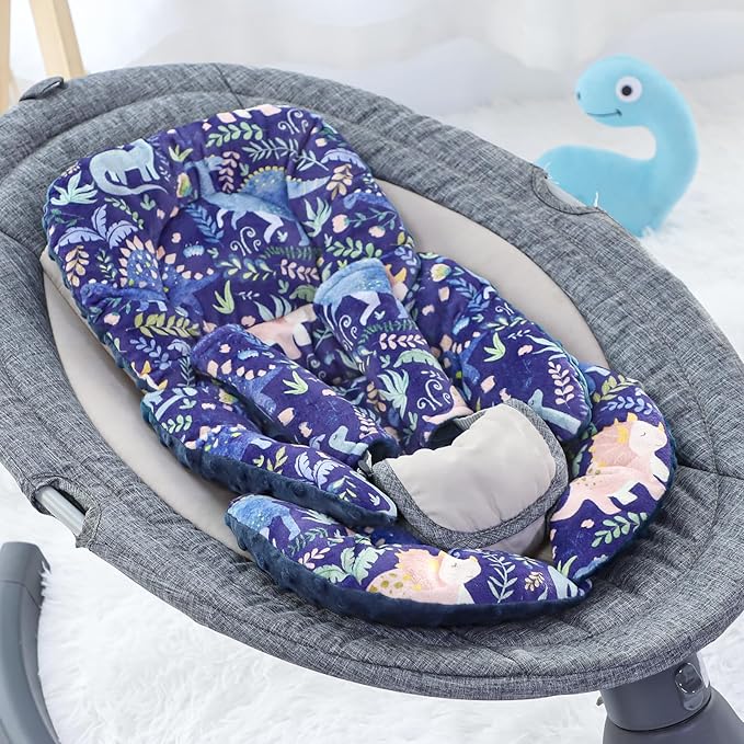 Pea Pod Infant Car Seat Insert with Strap Covers, All in One Reversible Baby Car Seat Head Support for Newborn, 3D Soft Minky Carseat Cushion for Preemie to Infant, Stroller, Swing, Bouncer, Dinosaur
