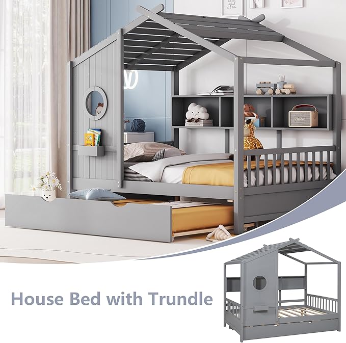 Full Size Bed Frames for Kids, House Bed with Trundle and Shelves, Wood Playhouse Platform Bed Frame with Window and Fence for Boys Girls, Gray, 74.4" L x 58" W x 72" H