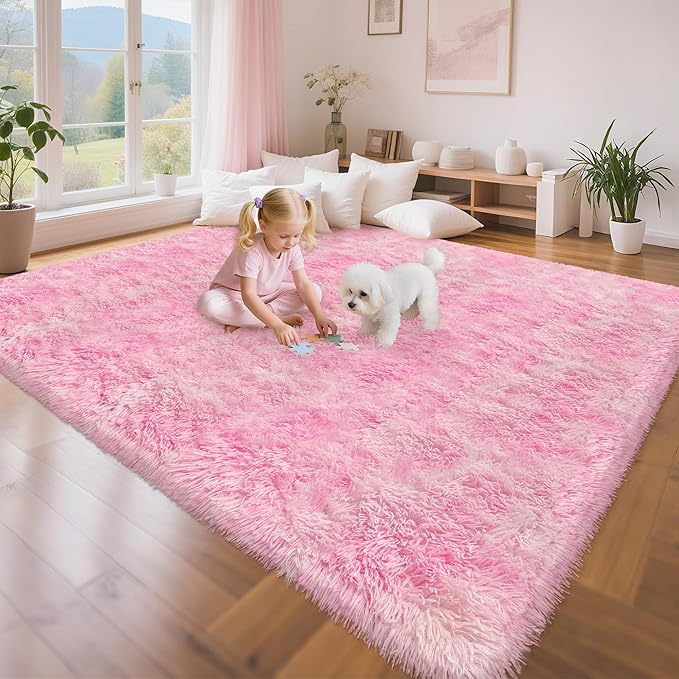 Fluffy Pink Rugs for Bedroom Girls Room, Large Plush Area Rug 6x9 Pink Shag Carpet for Bedroom Living Room, Soft Fuzzy Rug for Kids Room Bedside Nursery Playroom Dorm Home Decor