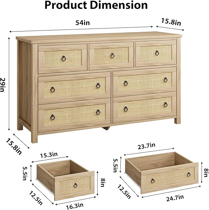 IDEALHOUSE Rattan Dresser for Bedroom with 7 Drawers, 54'' Wide Chest of Drawers with Large Clothes Storage Cabinet, Wood Bedroom Dresser, TV Stand for Nursery, Living Room, Hallway, Oak
