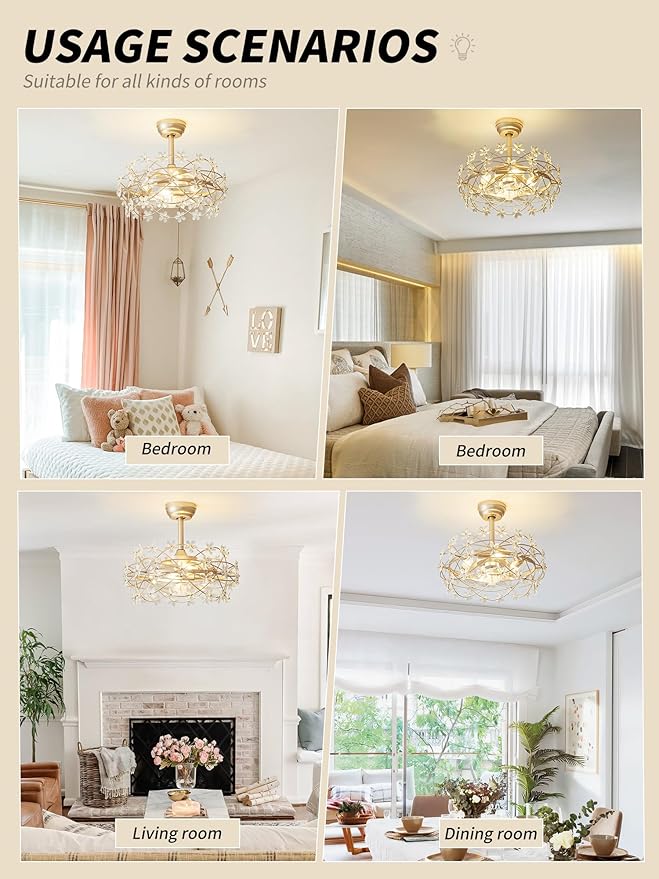 20" Gold Crystal Fandelier Ceiling Fan with Light, Mid-Century Chandelier Ceiling Fan with Light Remote Control, Flower Caged Enclosed 6 Speeds for Bedroom, Nursery, Foyer, Living Room