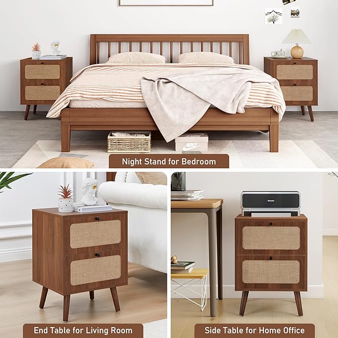 16" Wooden Nightstand with 2 Storage Drawer, Farmhouse Bedside End Table with Linen Decor, Mid Century Modern for Night Stand Bedroom, Living Room & Small Spaces (Walnut)
