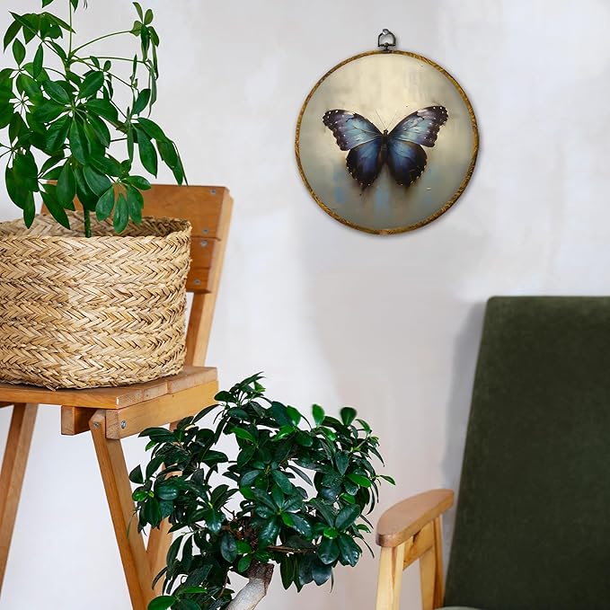 Hiuwevt Vintage Moody Purple Butterfly Round Wall Art Decor, Retro Rustic Butterfly Framed Canvas Prints, Cottagecore Insect Round Wall Hanging Decor for Home Bedroom Decorations, 10x10 Inches
