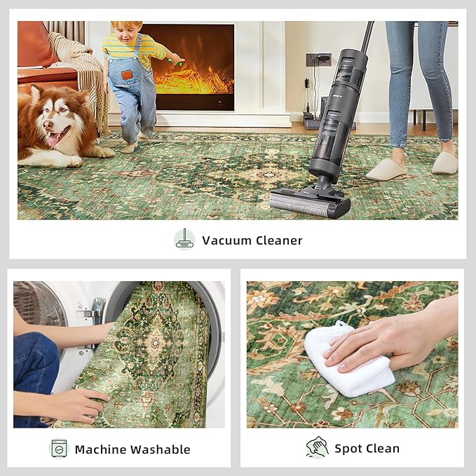 10x14 Rugs for Living Room Bedroom, Washable Green Area Rugs Non Slip Large Rug for Dining Room Office, Floor Decoration Vintage Boho Big Rug Carpet Low-Pile Kid & Pet Friendly