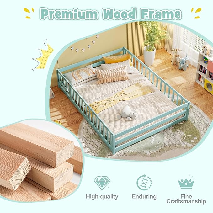 KOMFOTT Full Size Wood Floor Bed with Door & Fence, Montessori Bed Frame with Full Length Safety Guardrails, Door & Latch, Wooden Montessori Floor Bed for Kids, Girls, Boys (Full,Green)