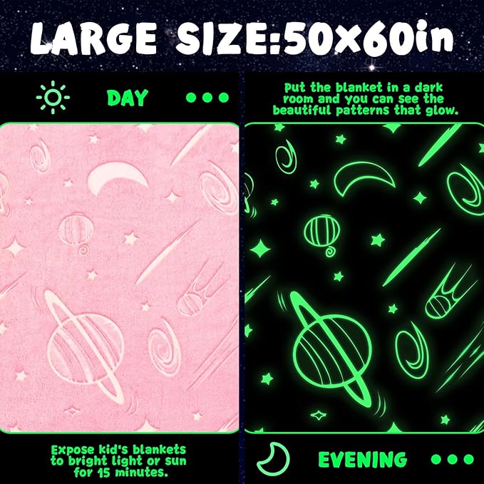 inhand Pink Blanket Girl Room Decor Glow in The Dark Soft Cute Space Star Moon Galaxy Blanket for Kids Birthday Gifts Planet Toys for 3,4,5,6,7,8,9,10,11,12 Years Old (40''x60'' Pink)