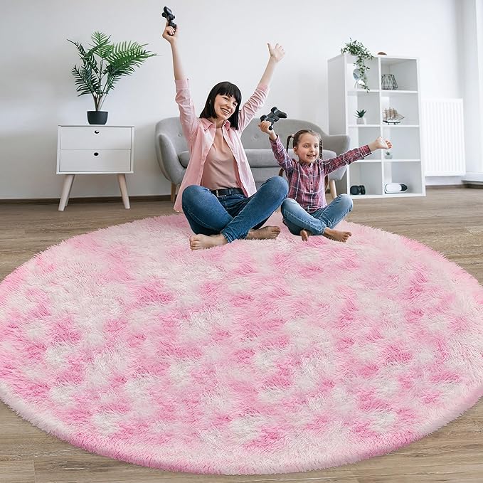 8 ft Large Fluffy Round Pink Area Rugs for Girls Bedroom, Colorful Soft Shaggy Circular Rug Plush Fluffy Circle Carpet Fuzzy for Nursery Baby Teen Room Playroom Cute Dorm Iving Room Home Decor