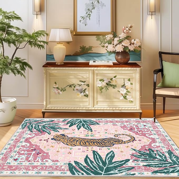 Area Rug Pink 4x6 Tiger Rug Washable Non-Slip Boho Vintage Tropical Animal Print Jungle Rug for Bedroom Girls Room Hallway Soft Cozy Whimsical Woodland Carpet for Play Room Laundry Room