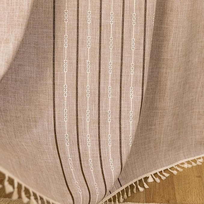 Deeprove Boho Style Curtains 96 inches Long, Vintage Bohemian Embroidery Striped Farmhouse Cotton Linen Fringe Window Treatments Bedroom Living Room Nursery, W52 x L96, 1 Panel Khaki and Brown