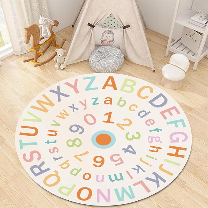 Children's Round Colorful ABC Rug,6ft,Soft Fluffy Alphabet Educational Rug, Non-Slip Washable Children's Crawling Game Rug Carpet for Boys Girls Bedroom Playroom Nursery Decoration
