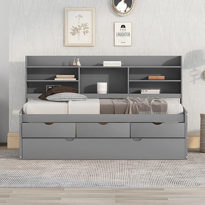 Harper & Bright Designs Twin Size Captain Bed with Built-in Bookshelves/3 Storage Drawers/Trundle, Wooden Twin Daybed Bed Frame for Kids Teens Dorm Bedroom Multipurpose Guest Room, Light Grey