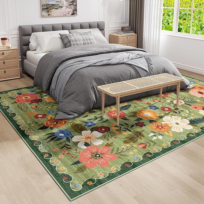 8x10 Washable Area Rug for Living Room, Floral Non-Slip Non-Shedding & Easy Care, Large Soft Low Pile Indoor Floor Carpet for Living Room, Bedroom, Farmhouse, Dining Room, Kids Playroom, Green