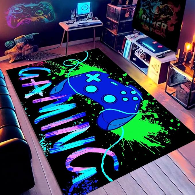 Gaming Area Rug,5x6ft,3D Painting Blue Gamepad Rug, Fade-Resistant Machine Washable Teen Boys Carpet for Game Room Living Room Gaming Mat Teen Bedroom Decor
