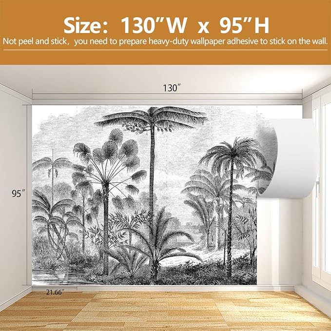 Tropical Forest Wall Mural Black Palm Tree Wallpaper Mural for Living Room Bedroom（Not Peel and Stick）