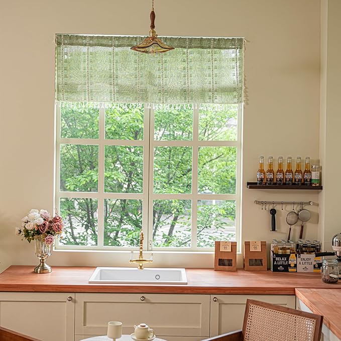 Deeprove Boho Valance Kitchen Short Curtain Tassel, Textured Striped Drape Tier Embroidered Shabby Chic Window Treatment for Cafe Dinging Room Closet, W52 x L18 inch Rod Pocket 1 Panel Sage Green