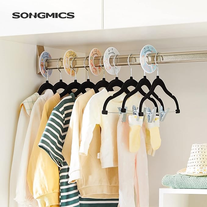SONGMICS 30 Packs Baby Pants Hangers with Clips, Kids Hangers with 6 Clothes Dividers, Non-Slip Children’s Clothes Hanger, Black UCRF013B30