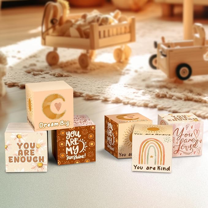 Wooden Custom Name Baby Blocks Set for Desk Table Boho Playroom Signs for Girls Boys Alphabet Inspirational Baby Room Shelf Decor Watercolor Rainbow Sun Decor for Bedroom Nursery Babies Shower Gifts