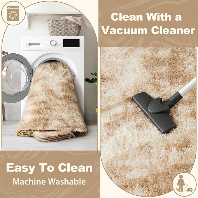 EVOIONOS Area Rug for Bedroom Living Room, Machine Washable 5x7 Fluffy Shag Rug, Soft Plush Non Slip Carpet for Indoor Floor Bedside Nursery Kids Girls Room Dorm, Home Decor Aesthetic, Tie-Dyed Camel