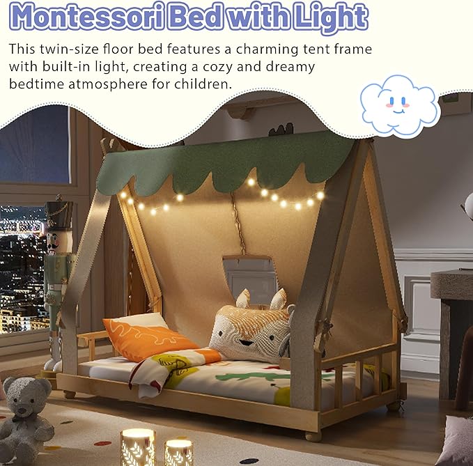 Twin Size Floor Bed with Tent and Light, Wooden Montessori Bed Frame with Roof Design, Low Profile Beds for Kids, Boys and Girls, White