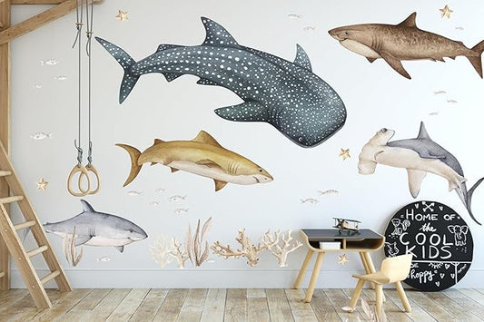 Fish Wall Stickers – Fish Decals for Coral Reef Decorations with Whale Shark, Hammerhead, and Coral, for Nursery Baby Kids Bedroom Bathroom, Small Set (30″×22″) 35 Pcs