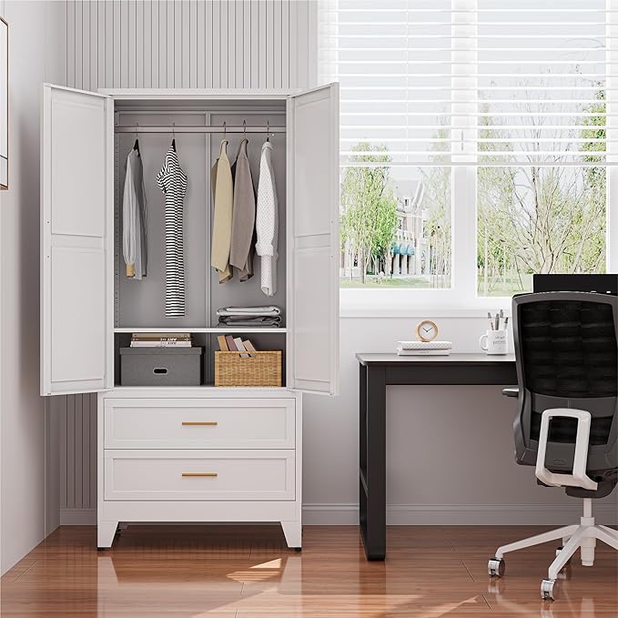 Metal Wardrobe Closet Cabinet with Drawers,71" H Large Bedroom Armoires with Shelves and Hanging Rod,Wardrobe Storage Cabinet with 2 Doors, 1 Adjustable Shelf and Drawers (2Drawer, White)