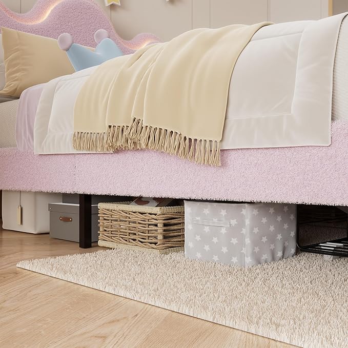 Twin Upholstered LED Bed Frame with Storage Drawers Girls Bed with Flower Headboard Boucle Princess Platform Bed Frame for Kids/Girls Strong Wood Slat Support,No Box Spring Needed,Easy Assembly