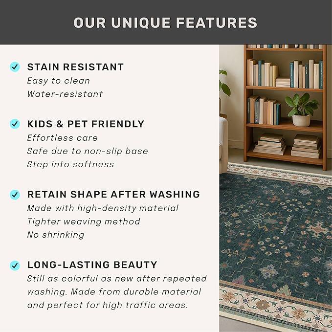 Dark Green Kitchen Rug 12 ft Long - Modern Vintage Boho Eclectic Floral with Brown Accent, Washable Low Pile Non-Slip Extra Long Wide Runner Rugs for Hallway, 3x12