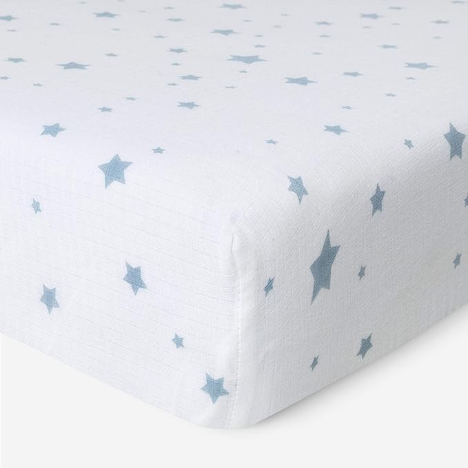 Newton Baby Mini Crib Fitted Sheets (2-Pack) | Organic Muslin Cotton, Breathable & Soft Baby Sheets, Washable Baby Mattress Sheets, Fits Any Mini Sized Crib 24" x 38", Moonstone Mist Stardust + White