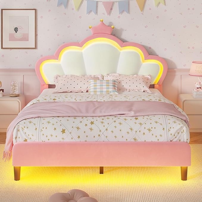 BTHFST Full Size Bed Frame with LED Lights, Girls Full Bed with Princess Crown, LED Velvet Upholstered Platform Bed Frame with Adjustable Headboard, No Box Spring Needed, Pink