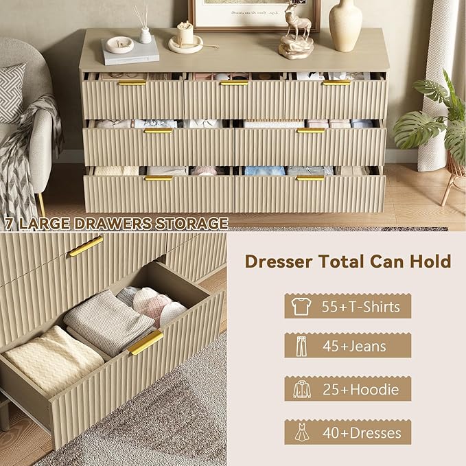 CARPETNAL Fluted 7 Drawer Dresser for Bedroom, 55" Wide Wooden Chest of Drawers with Rounded Corners, Gold Handles, Modern Storage Organizer for Bedroom, Hallway(Beige)