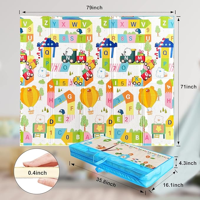Mergren Baby Playmat - Foam Foldable Crawling Playmats Reversible, Waterproof, Anti-Slip Floor Playing Mats for Infants and Toddlers, Indoor, Outdoor - Extra Large (79"x71")