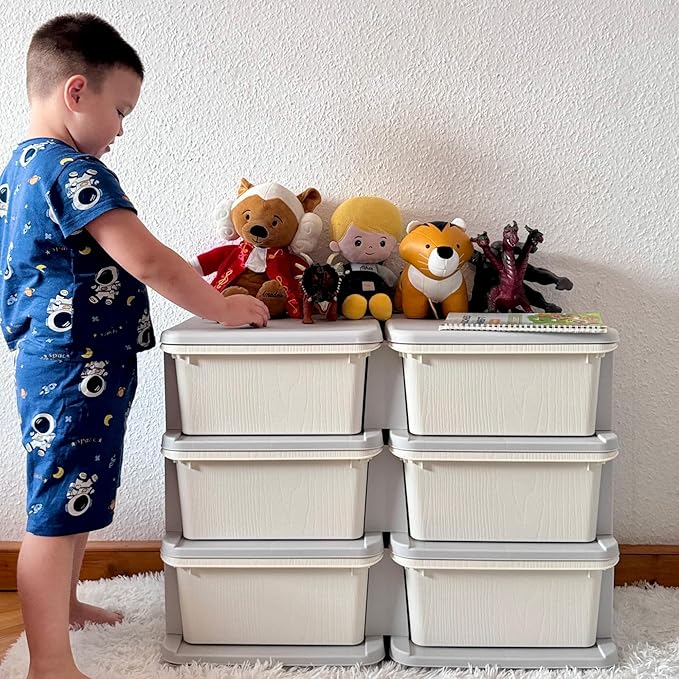 Qaba 3 Tier Kids Storage Unit, 6 Drawer Chest Toy Organizer Plastic Bins for Kids Bedroom Nursery Kindergarten Living Room for Boys Girls Toddlers, Cream White