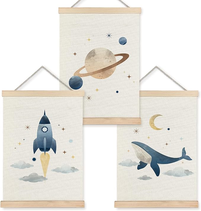URLLUAE Space Whale Wall Art Posters for Kids Room, Outer Space Rocket Planet Poster Hanger Frame for Classroom Toddler Boys Room Nursery Playroom Wall Decor, 12x16 Inch Set of 3