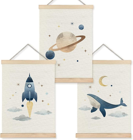 URLLUAE Space Whale Wall Art Posters for Kids Room, Outer Space Rocket Planet Poster Hanger Frame for Classroom Toddler Boys Room Nursery Playroom Wall Decor, 12x16 Inch Set of 3