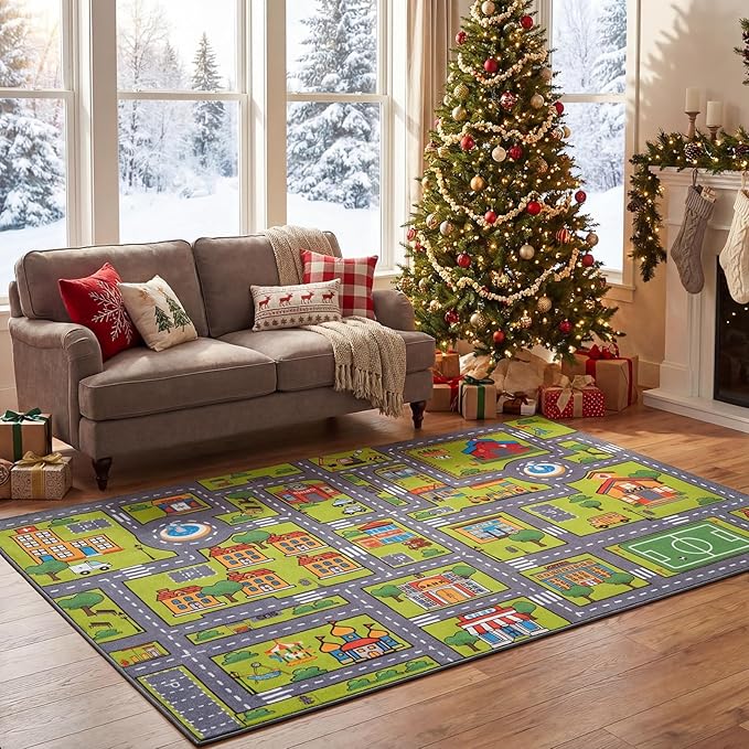 Merelax 6x9 Kids Car Area Rug, Grey Green Area Road Rugs for Living Room Playroom Classroom Bedroom, Non Slip Kids Play mat, Washable Rug, Educational City Traffic Map Fun Car Carpet for Ages 3-12
