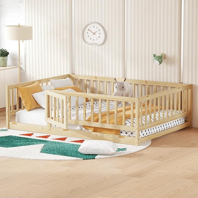 Full Size Floor Bed Frame with Door and Slats,Montessori Floor Bed with Safety Guardrails for Girls Boys,Solid Wood Kids Montessori Bed Full Size,Natural
