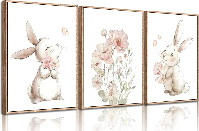 Pink Girl Nursery Bunny Canvas Wall Art Cute Rabbit Wildflowers Painting Pictures Wall Decor Botanical watercolor Flower Poster printing artwork For Baby Boys and Girls Playroom paintings Unframed