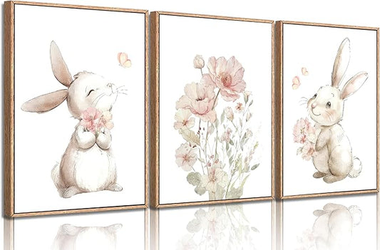 Pink Girl Nursery Bunny Canvas Wall Art Cute Rabbit Wildflowers Painting Pictures Wall Decor Botanical watercolor Flower Poster printing artwork For Baby Boys and Girls Playroom paintings Unframed