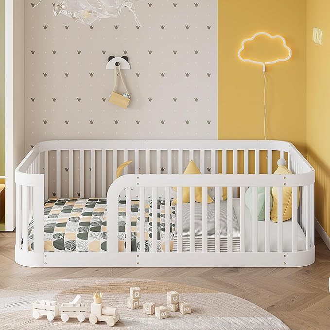 Full Size Floor Bed with High Rails, Montessori beds for Kids Solid Wood Bed Frame, White