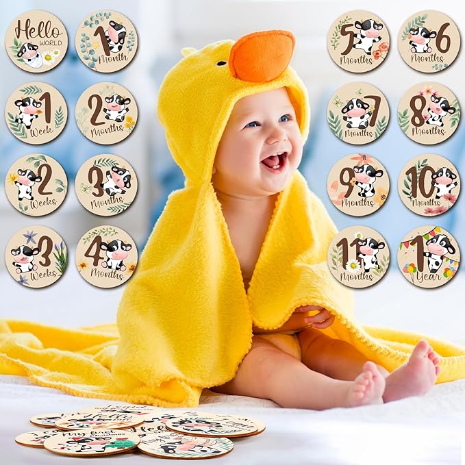 Tiamon 16 Pieces Wooden Baby Monthly Milestone Cards Monthly Milestone Marker Discs Double Sided Wooden Circles Months Signs for Baby Shower Newborn Photo Props(Cow and Leaves)