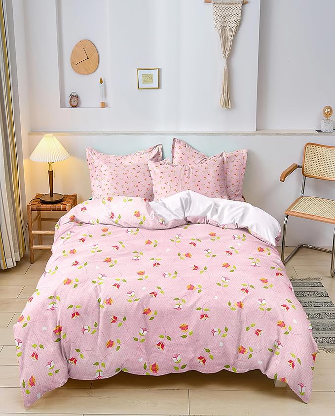 Cute Bow Tie & Rose Flowers Duvet Cover King Size 100% Cotton Bedding Set - Vintage Country Floral Comforter Cover with 2 Pillowcases for Girls, Teens, Students, Sweet Home Gift