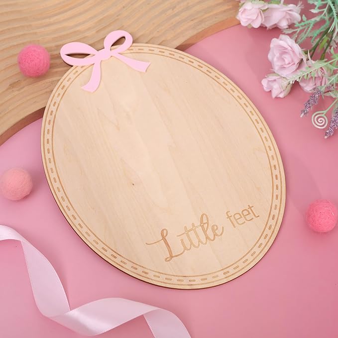 2pcs Wooden Bow Hello World/Footprint Sign - Bow Baby Girl Announcement Sign,Hello World Baby Girl Hospital Sign with Bow (Bow-2)