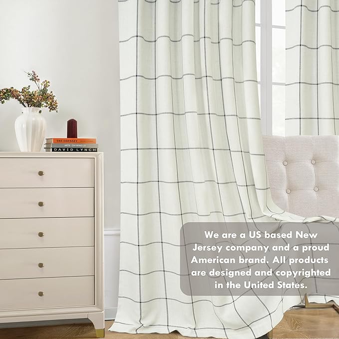 DriftAway 2 Panels 100% Blackout Windowpane Plaid Linen Curtains Double Layer Drapes for Bedroom 84 Inches Long Farmhouse Thermal Insulated 3.25 Inch Rod Pocket Back Tab for Living Room Black