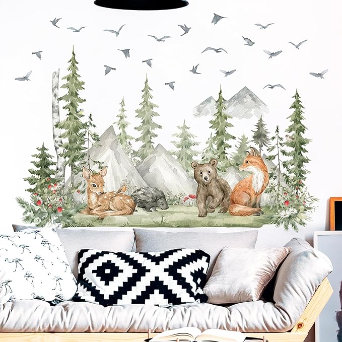 Giant Watercolor Mountain Forest Tree Wall Stickers, Sunoyar DIY Woodland Pine Wall Decal for Kids Boys, Jungle Wild Animal Fox Deer Bear Mural Decor for Nursery Bedroom Living Room Playroom (Green)