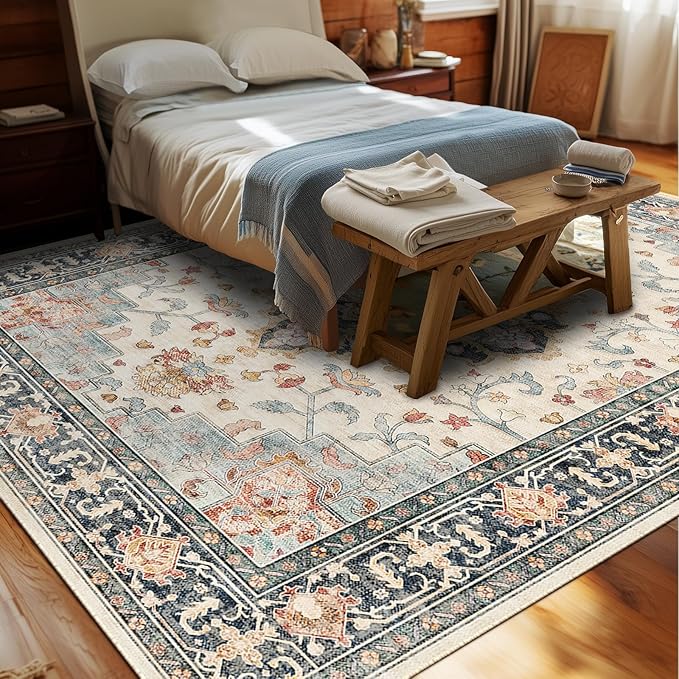 Machine Washable Rugs Nursery Rug 5x7 Cute Girl Non Slip Low Pile Water Repellent Soft Print Pattern for Bedroom Indoor Decor Kids Playroom Bluebeige