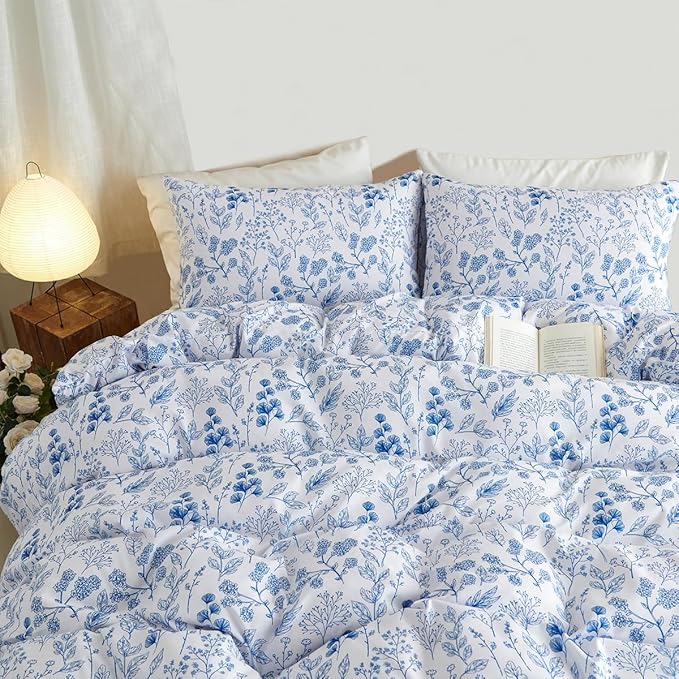 Blue Floral Duvet Cover Queen 3Pcs Botanical Flower Bedding Set Soft Microfiber Cottagecore Flowers Duvet Cover Set with 2 Pillowcases(No Comforter)