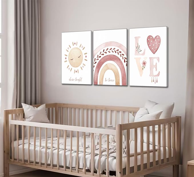 3 Pcs Nursery Canvas Wall Art Pink Sun Rainbow Hearts Posters Prints Boho Kids Room Pictures Wall Decor for Toddlers Children Baby Girl Bedroom Home Decoration